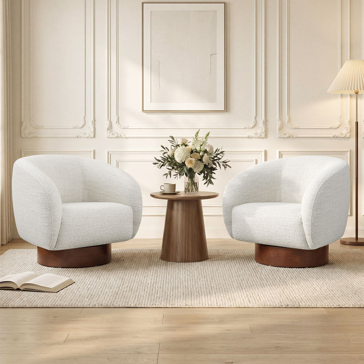 ReNest Mid-Century Modern Barrel Swivel Accent Chair with Wood Base, Boucle Fabric Upholstery, Pearl, Set of 2