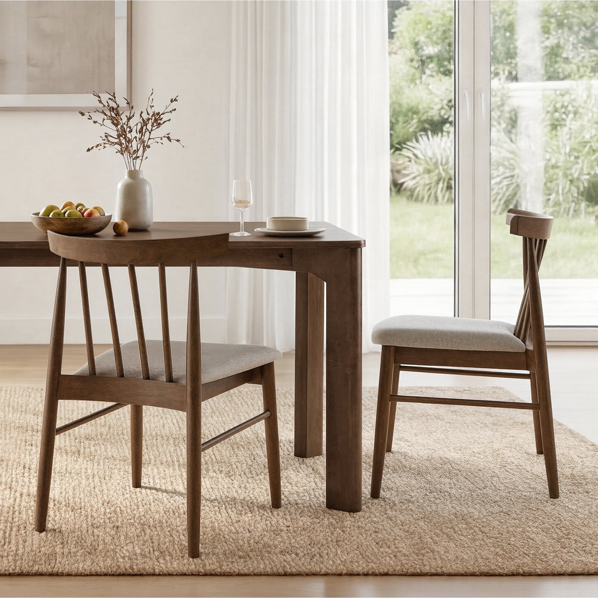 ReNest Windsor Dining Chairs Set of 2, Upholstered Spindle Back, Basketweave Fabric, Walnut Wood Frame, Silver Gray