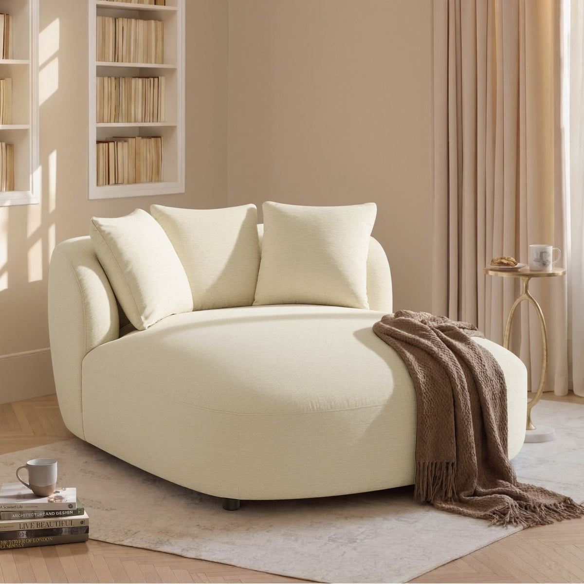 ReNest Modern Oversized Chaise Lounge, Upholstered Sleeper Chair with Throw Pillows for Living Room, Sand Fabric
