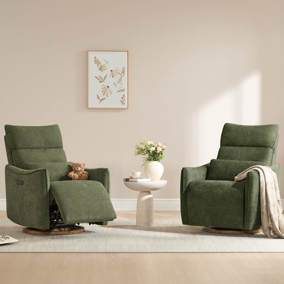 ReNest Swivel Power Recliner Chair, Nursery Glider Recliner with Power Headrest, USB & Type-C Charging Ports, Removable Lumbar Pillow, Moss Green Fabric