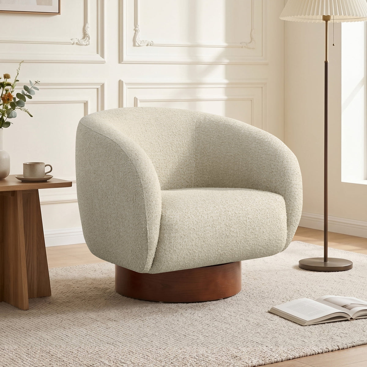 ReNest Mid-Century Modern Barrel Swivel Accent Chair with Wood Base, Boucle Fabric Upholstery, Oatmeal, Single