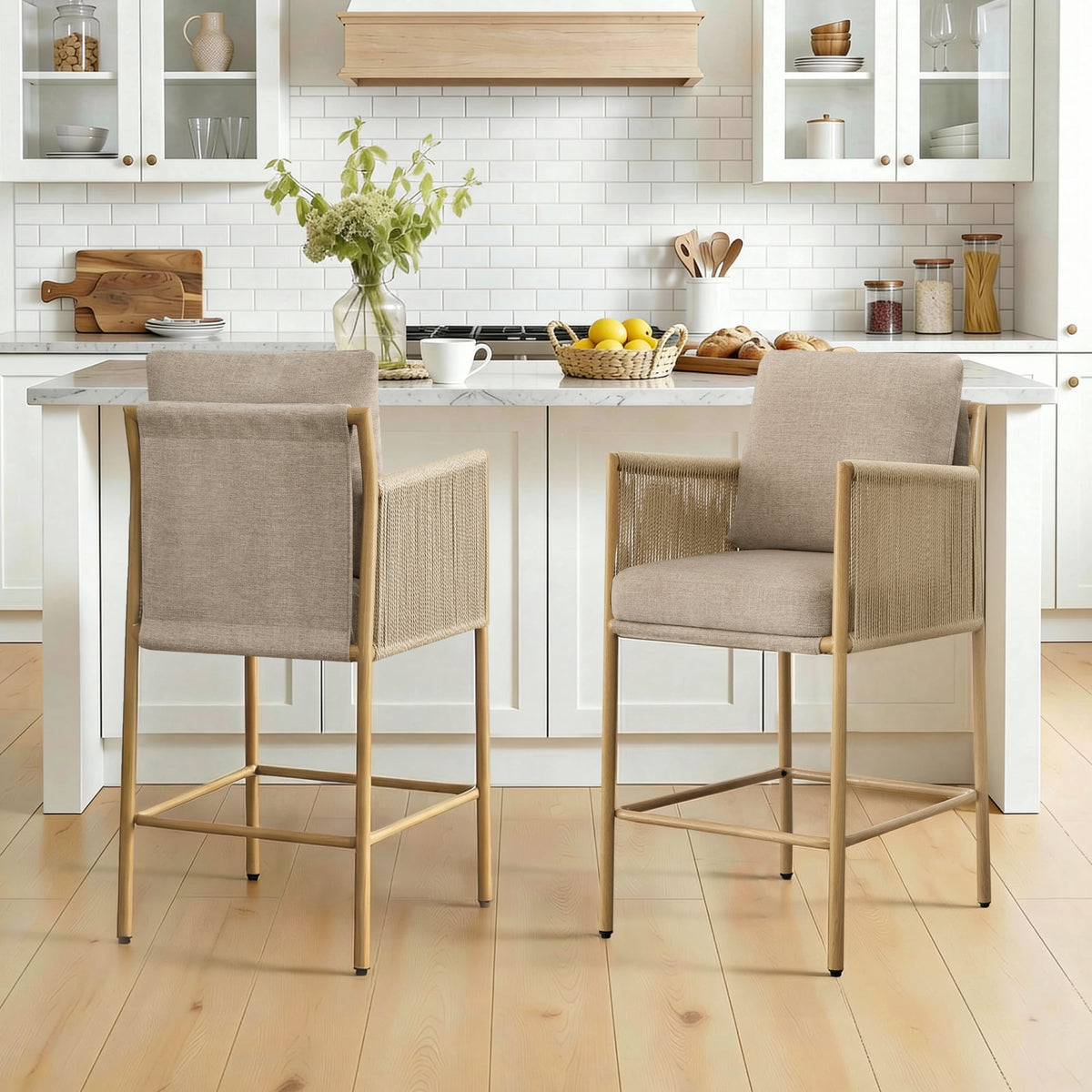 ReNest 26'' BOHO Counter Stools Set of 2 with Back & Armrest, Counter Height Bar Stools, Handwoven Paper Cord, Khaki Fabric