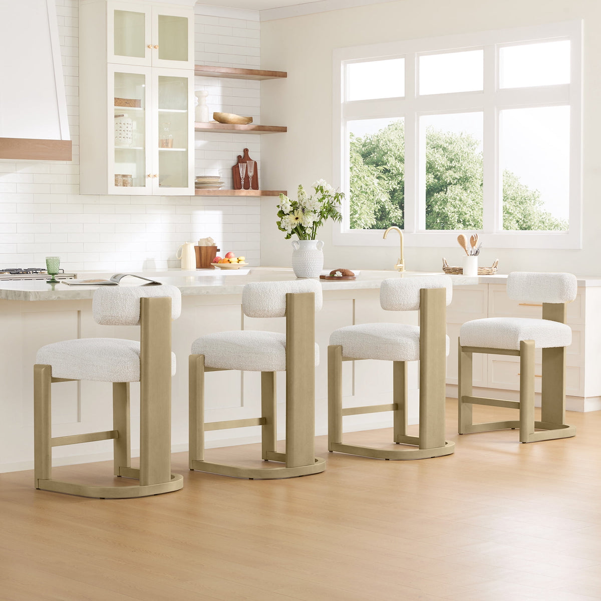 ReNest 27'' Counter Stools Set of 4 with Backrest, Mid-Century Modern Boucle Counter Height Stools, Upholstered Seat & Back, Solid Wood Frame, Light Grey & Pearl