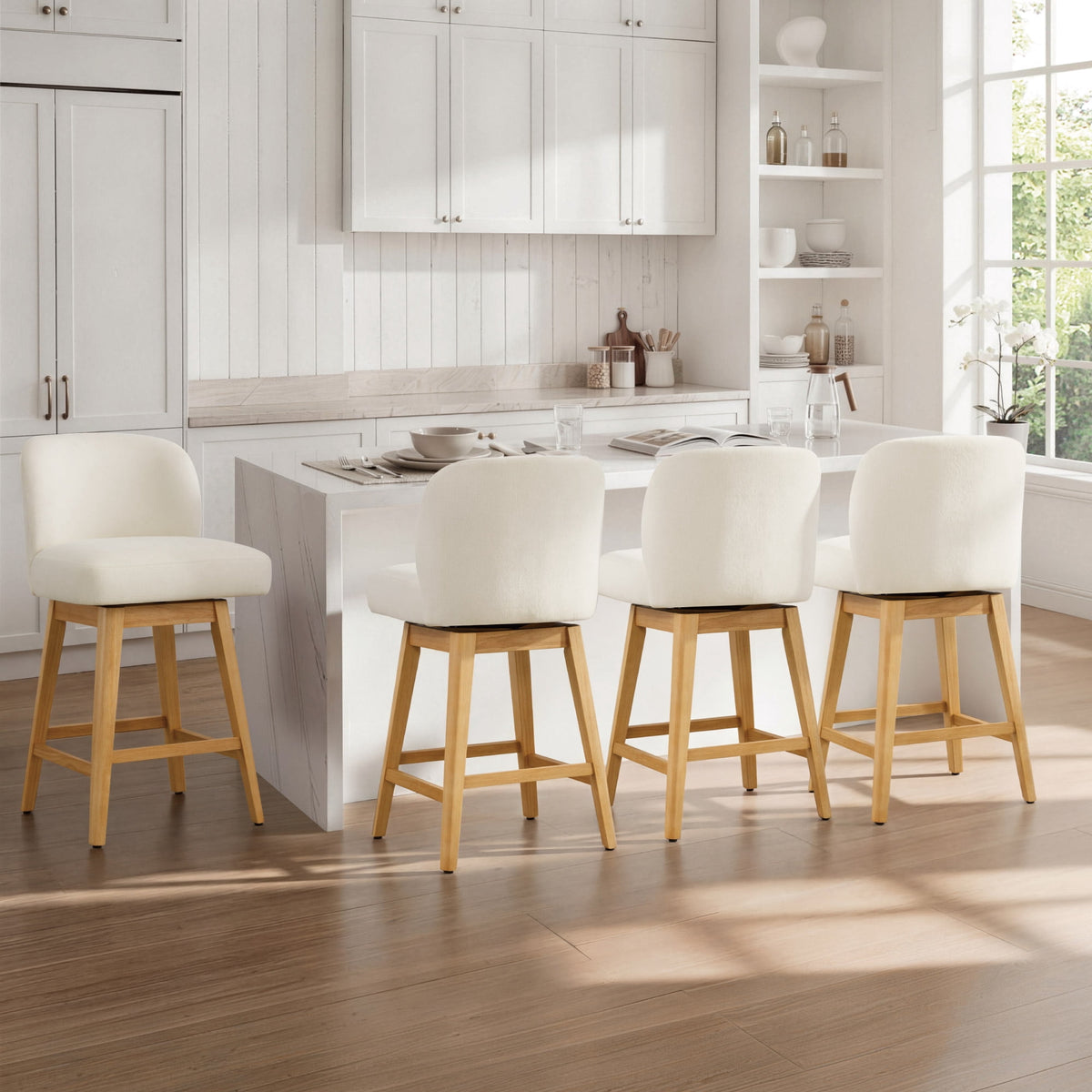ReNest 26" Swivel Counter Height Bar Stools, Modern Upholstered Counter Stools with Back and Wood Legs for Kitchen Island & Home Bar, Cream Fabric, Set of 4