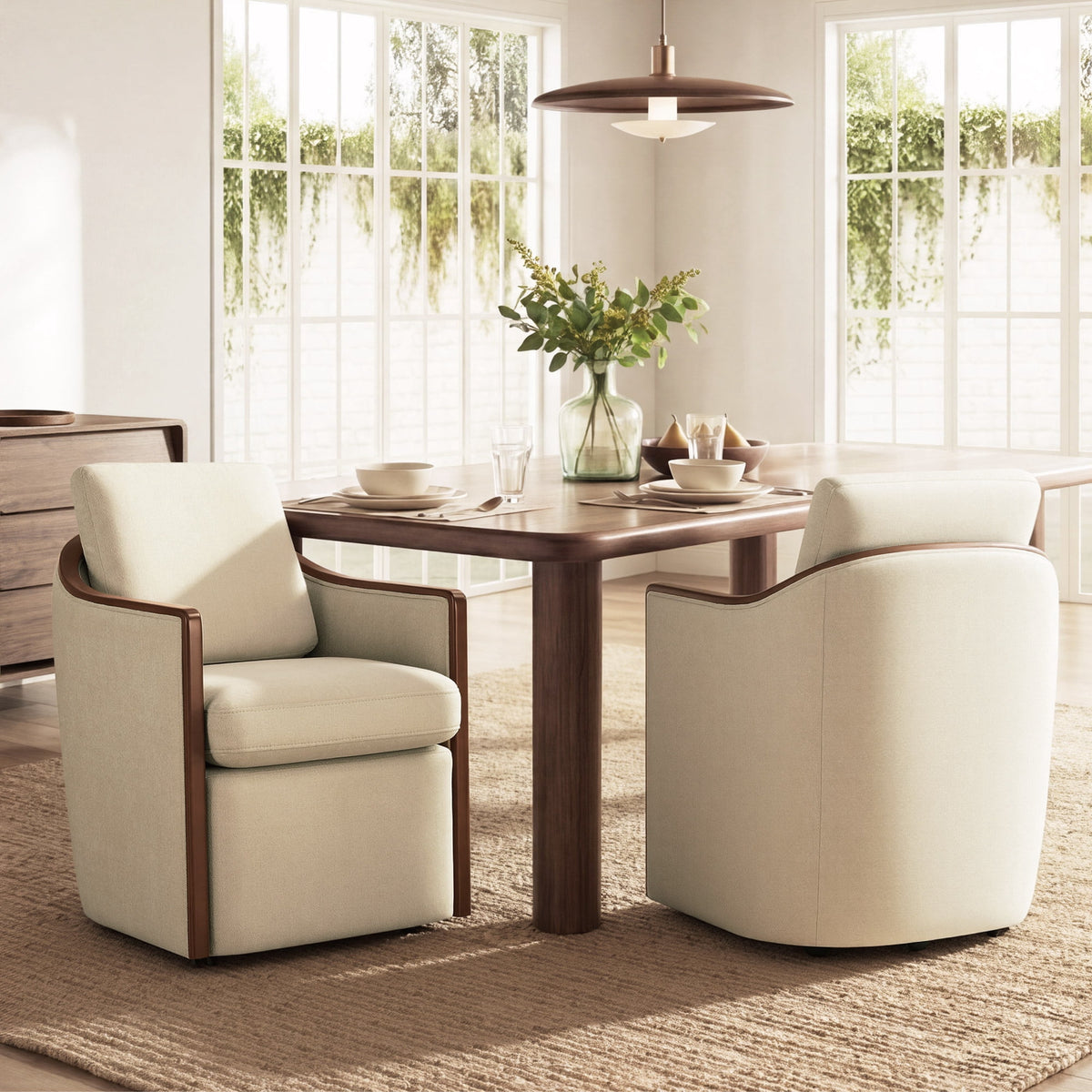 ReNest Upholstered Dining Chairs Set of 2 with Hidden Casters, Modern Swivel Barrel Dining Chairs with Curved Backrest and Solid Wood Trim, Chenille Dining Chairs for Dining Room and Kitchen, Cream