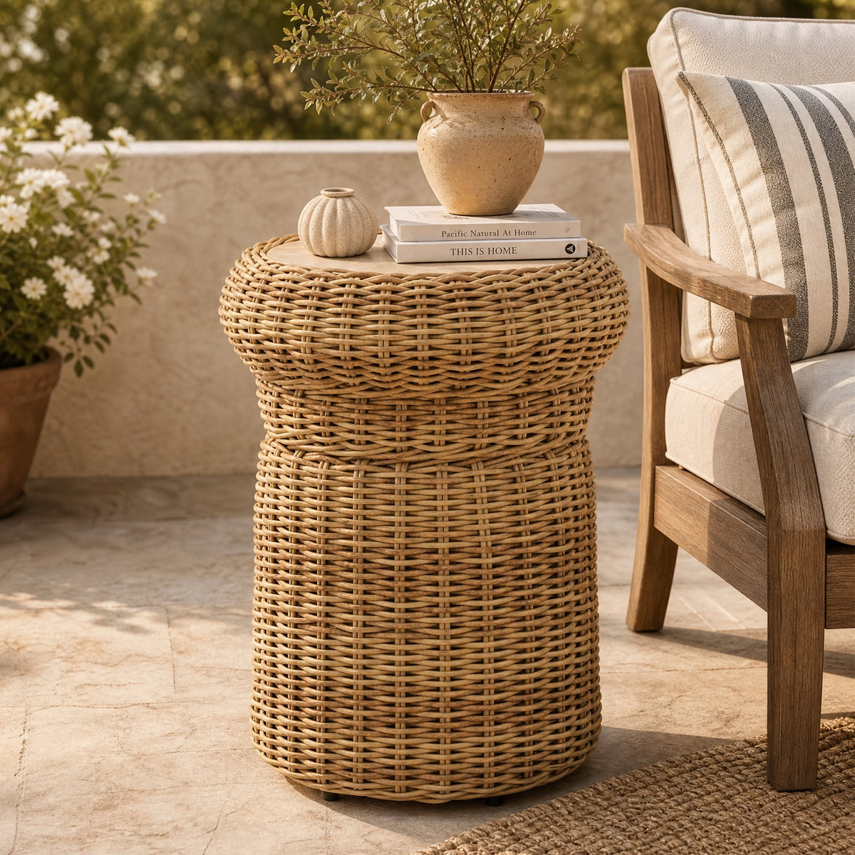 ReNest Outdoor Wicker Side Table, Patio Table with Cement Top, All-Weather Design, Adjustable Foot Levelers, Brown, Single