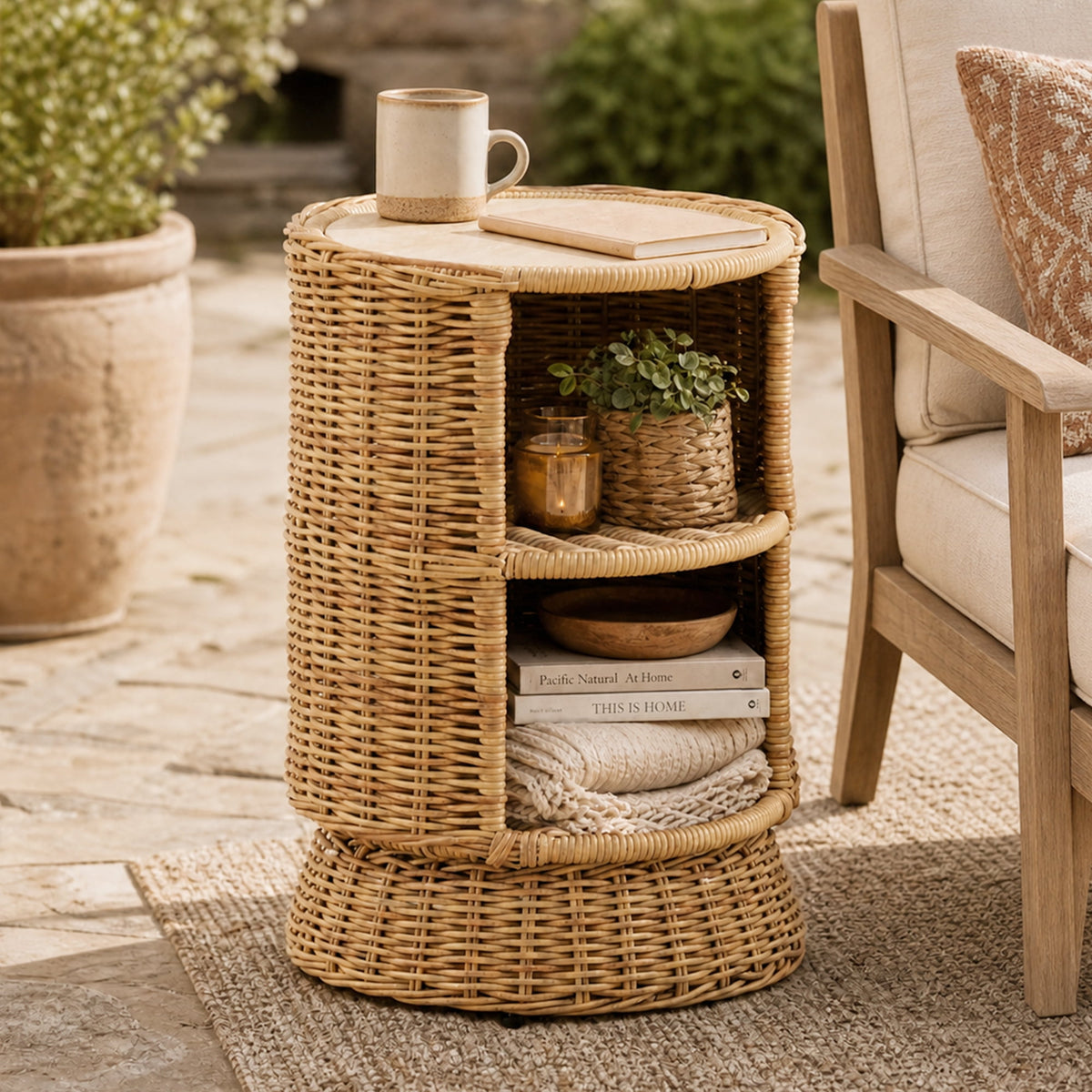 ReNest Outdoor Wicker Side Table, 2-Tier Patio Table with Cement Top, Hand-Woven Rattan, Brown, Single