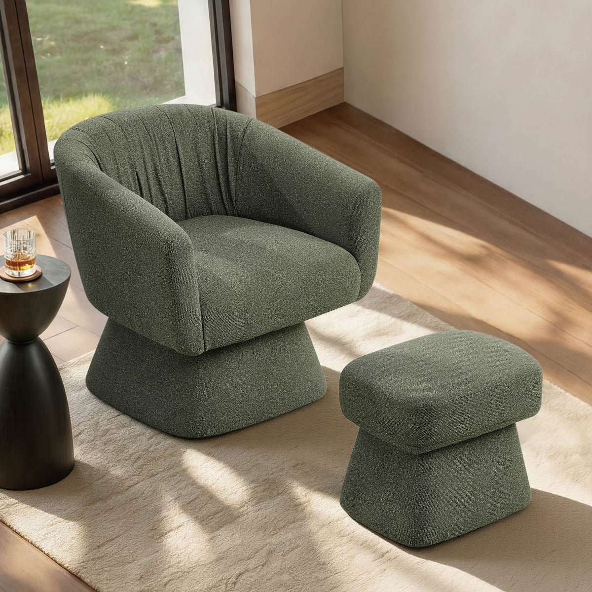 Modern Swivel Accent Chair with Ottoman, Boucle Upholstered Barrel Armchair, 360° Swivel Chair for Living Room, Bedroom & Office, Green, Single Set