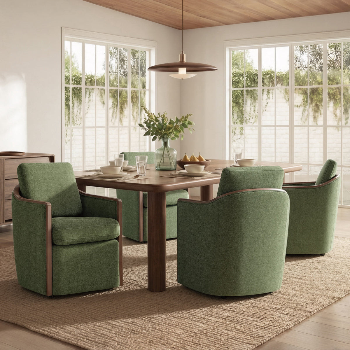 ReNest Upholstered Barrel Dining Chairs Set of 4, Smooth Swivel with Hidden Casters, Curved Backrest and Solid Wood Trim, Chenille Fabric, Moss Green
