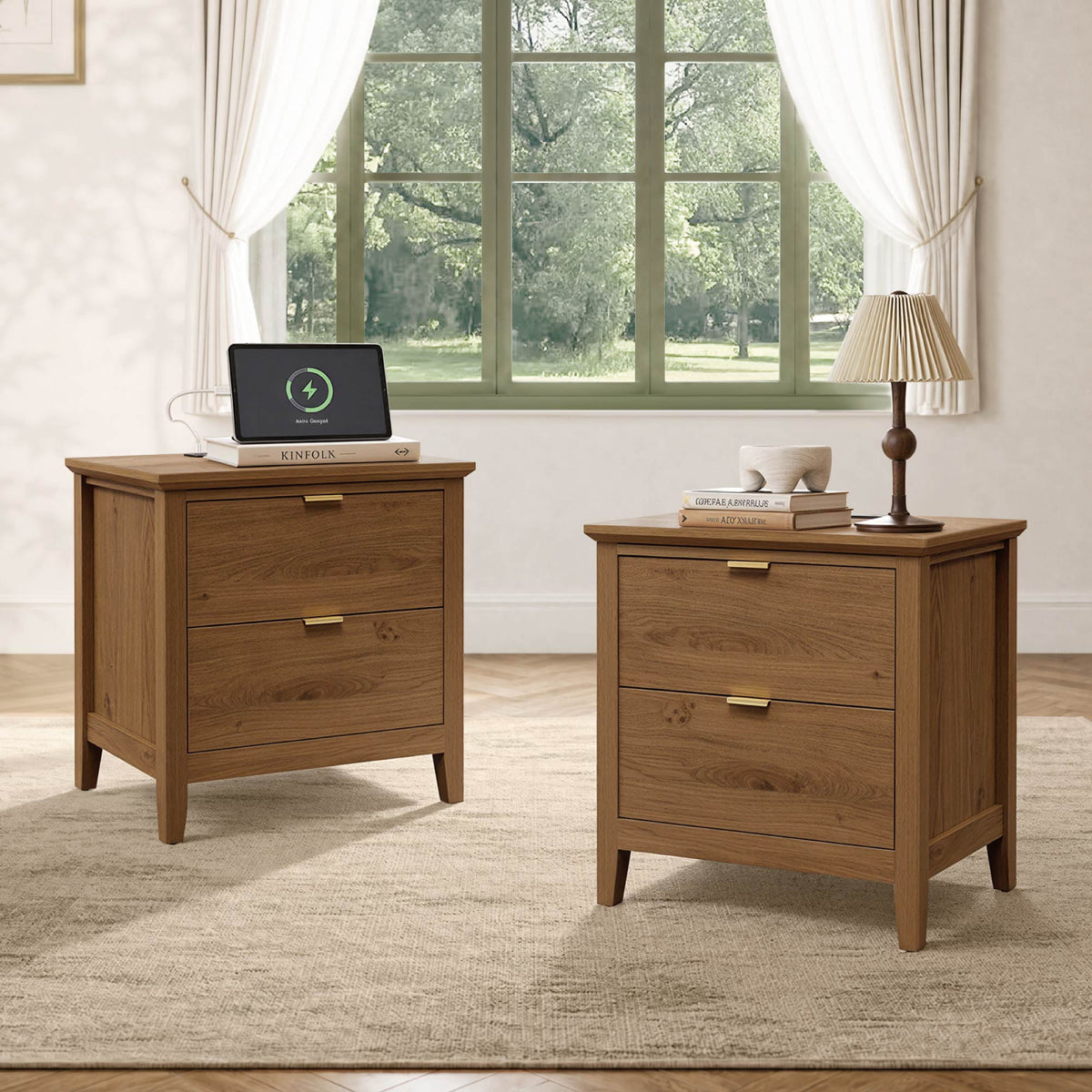 ReNest Wood Grain Nightstands Set of 2, 2-Drawer Bedside Tables with USB & Type-C Charging, Modern Storage Cabinet for Bedroom, Walnut