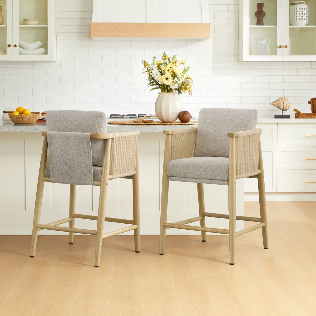 ReNest Modern Farmhouse 26" Counter Height Bar Stools, Upholstered Barstools with Backrest & Woven Paper Cord Arms for Kitchen Island, Taupe, Set of 2