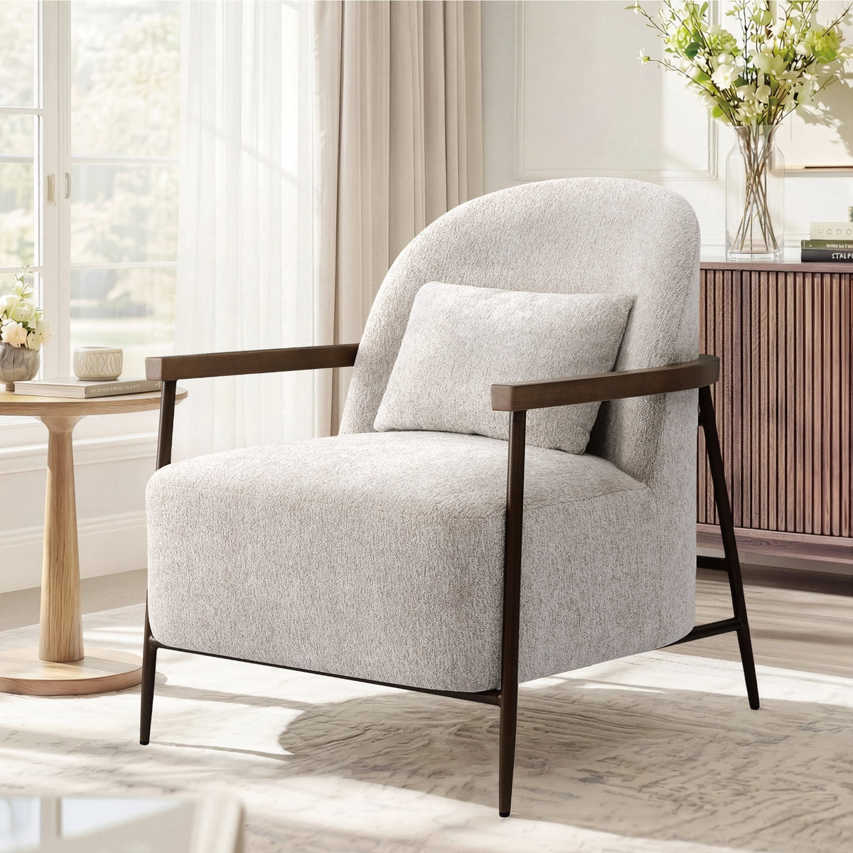 CHITA Modern Upholstered Accent Chair with Solid Wood Arms, Removable Lumbar Pillow and Metal Frame for Living Room, Bedroom & Reading Nook, Taupe & Walnut, Single