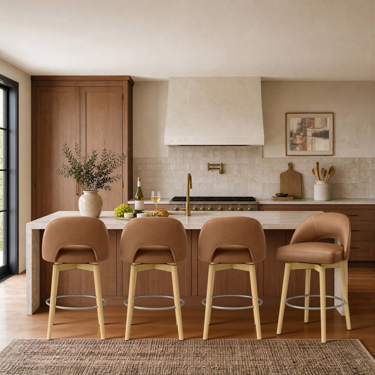 ReNest 27" Swivel Bar Stools, Upholstered Barstools with Wood Legs & Footrest, Counter Height Stools for Kitchen Island & Home Bar, Camel Faux Leather, Set of 4