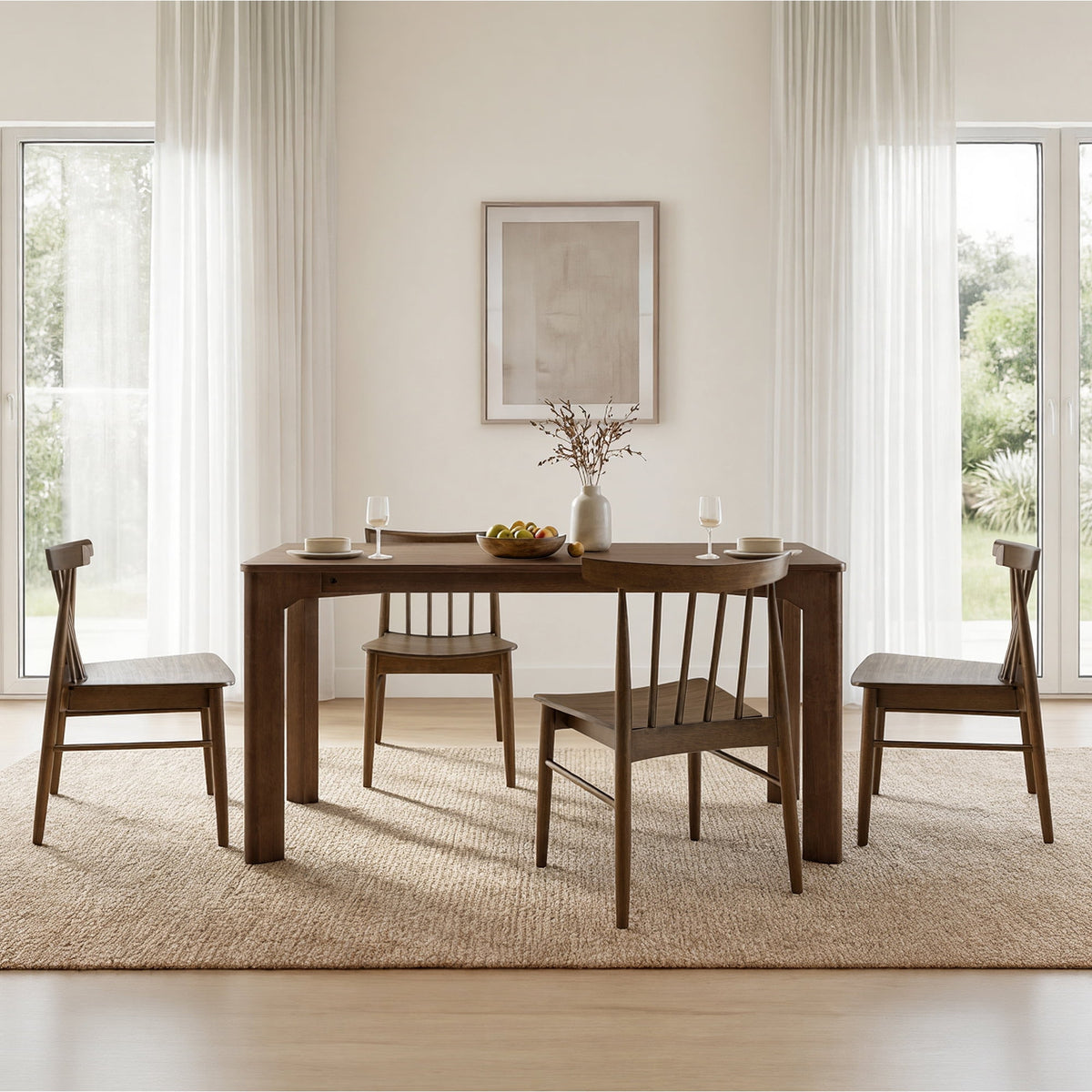 ReNest Windsor Dining Chairs Set of 4, Solid Wood Frame with Plywood Seat, Oak Veneer, Firm Spindle Back, Walnut
