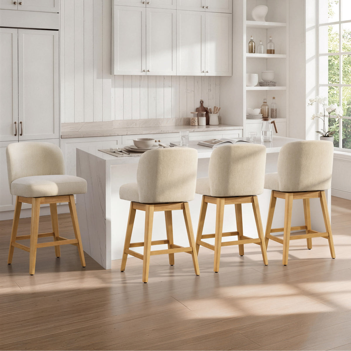 ReNest 26" Swivel Counter Height Bar Stools, Modern Upholstered Counter Stools with Back and Wood Legs for Kitchen Island & Home Bar, Sand Fabric, Set of 4