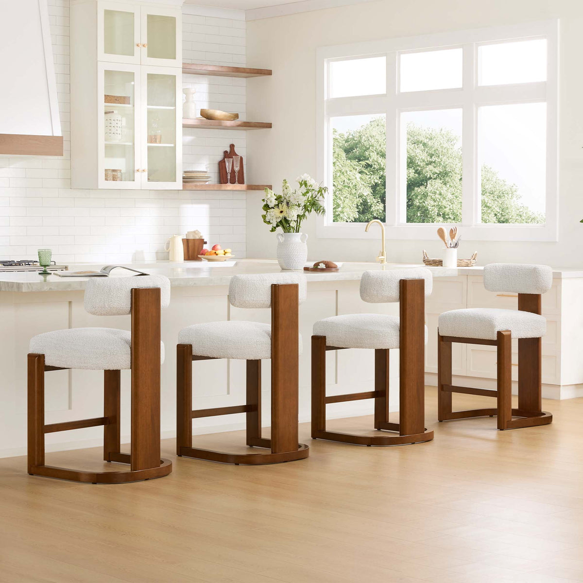 ReNest 27'' Counter Stools Set of 4 with Backrest, Mid-Century Modern Boucle Counter Height Stools, Upholstered Seat & Back, Solid Wood Frame, Walnut & Pearl
