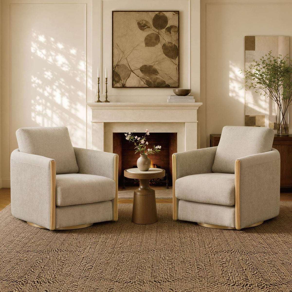 ReNest Modern Swivel Accent Chair, Upholstered Barrel Armchair with Wooden Armrests, Removable Cushions, Living Room & Bedroom Chair, Khaki Fabric