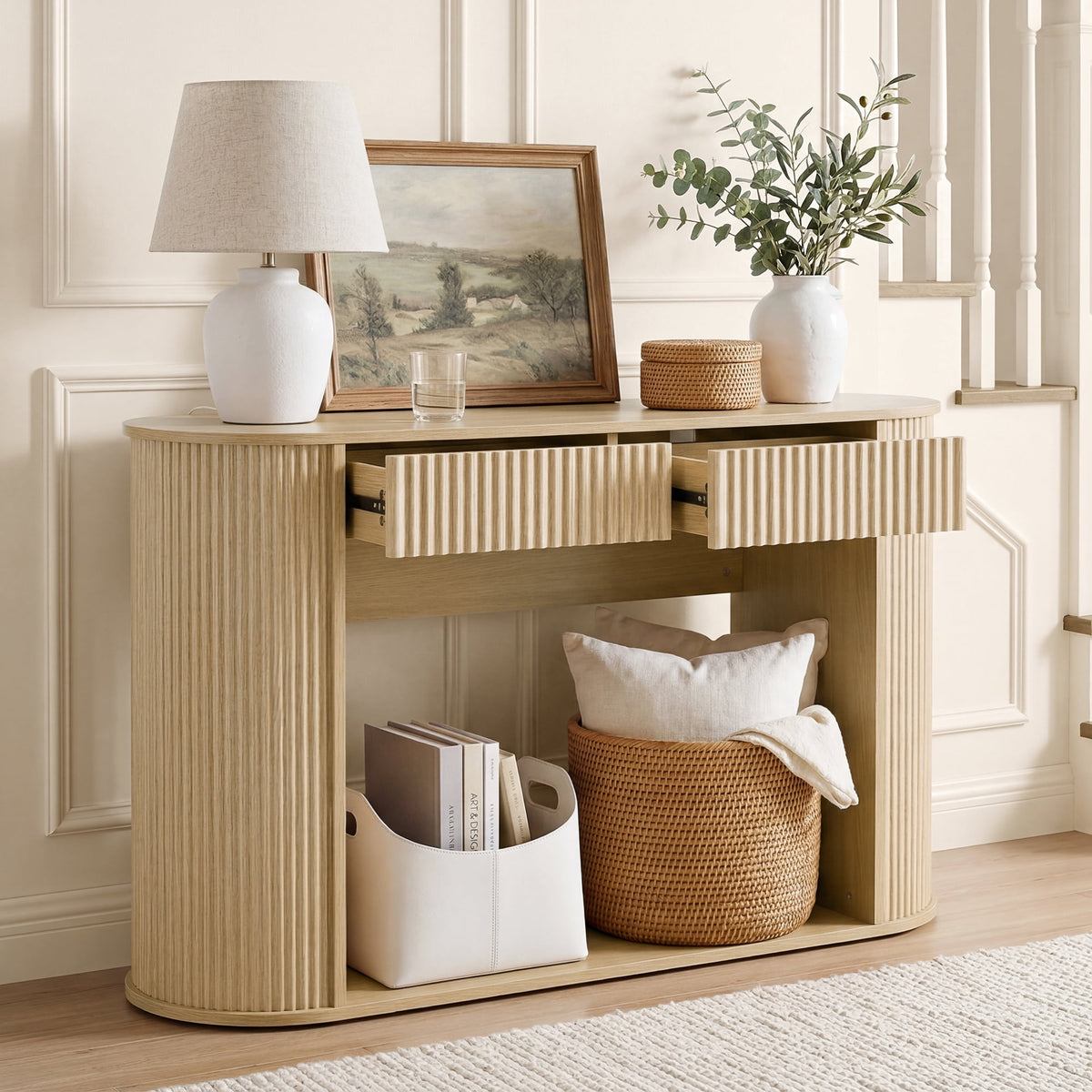 ReNest 47" Console Table, Boho Fluted Entryway Table with 2 Drawers & Open Storage Shelf, Oak