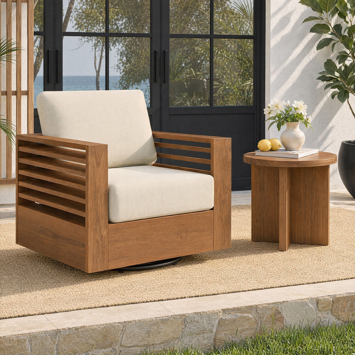 ReNest 2-Piece Acacia Patio Conversation Set, Outdoor Bistro Set, Swivel Chair & Side Table, Dark Brown Wood Frame & Cream Olefin Cushion