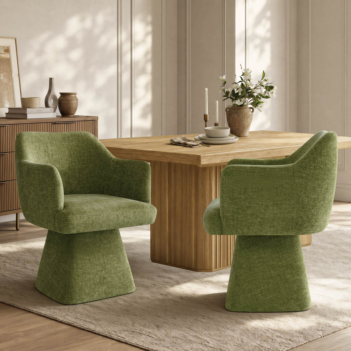 ReNest Swivel Dining Chairs with Arms, Curved Backrest, Upholstered Chenille, Sage Green