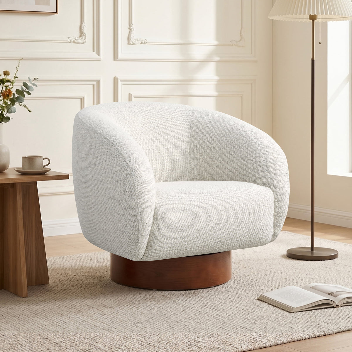 ReNest Mid-Century Modern Barrel Swivel Accent Chair with Wood Base, Boucle Fabric Upholstery, Pearl, Single