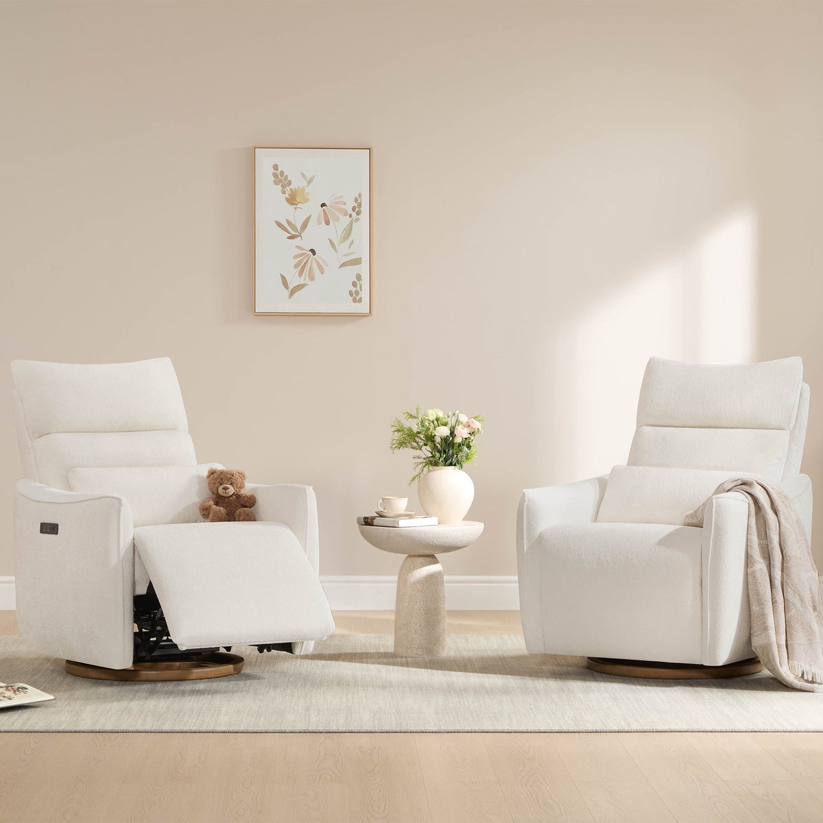 ReNest Swivel Power Recliner Chair, Nursery Glider Recliner with Power Headrest, USB & Type-C Charging Ports, Removable Lumbar Pillow, Cream Fabric