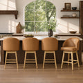 ReNest 27" Counter Height Bar Stools, Upholstered Barrel Back Barstools with Solid Wood Legs & Footrest, for Kitchen Island & Home Bar, Camel Faux Leather, Set of 4