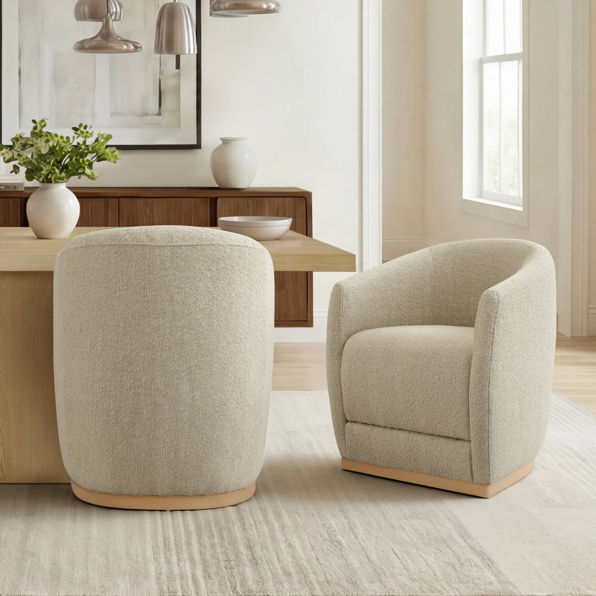 ReNest Rolling Dining Chairs Set of 2 with Arms, Upholstered Barrel Back, 360¡ã Casters, Oatmeal Fabric