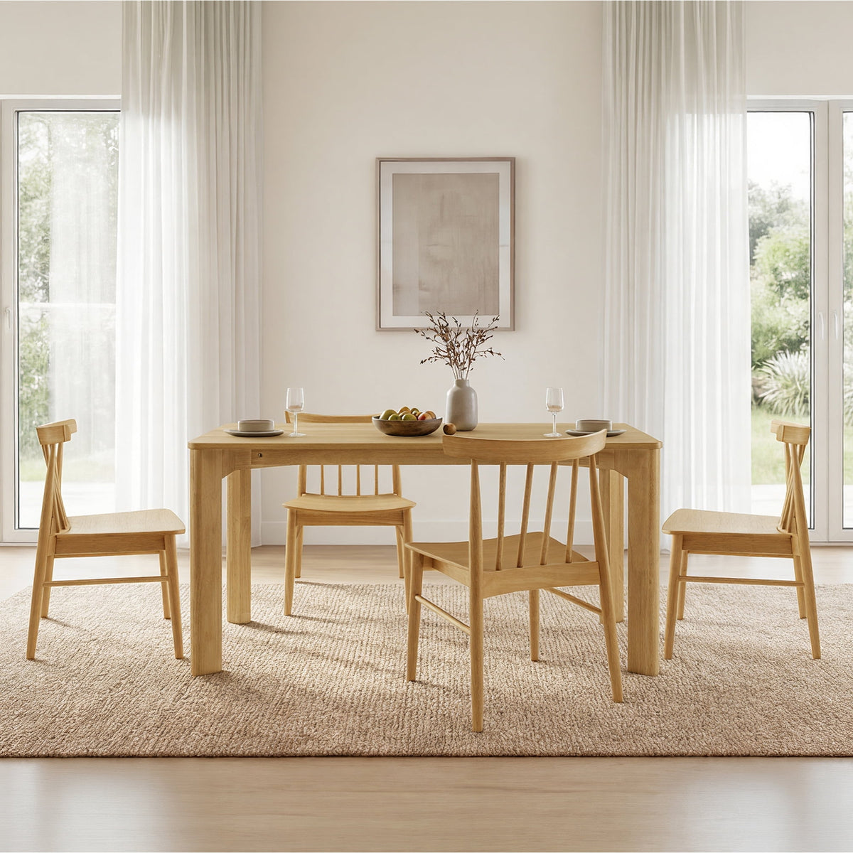 ReNest Windsor Dining Chairs Set of 4, Solid Wood Frame with Plywood Seat, Oak Veneer, Firm Spindle Back, Oak