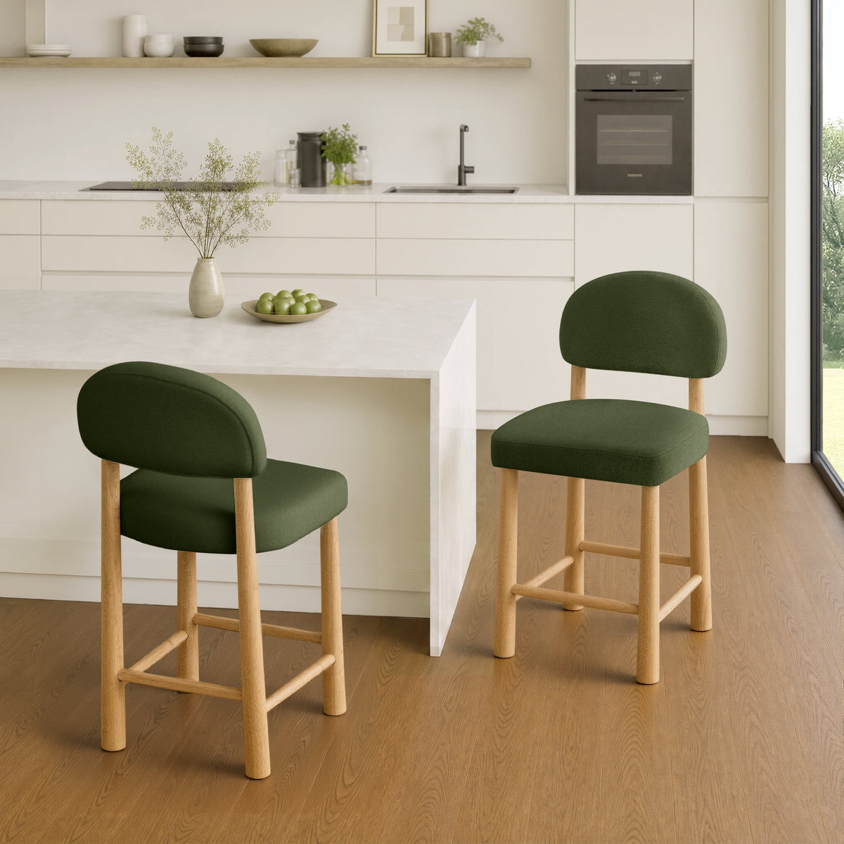 ReNest 26" Counter Height Bar Stools, Modern Upholstered Bar Stools for Kitchen Island & Home Bar, Moss Green Fabric, Set of 2