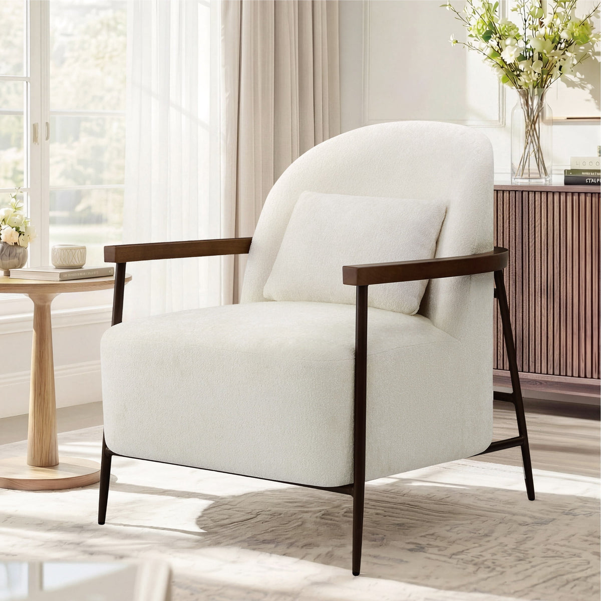CHITA Modern Upholstered Accent Chair with Solid Wood Arms, Removable Lumbar Pillow and Metal Frame for Living Room, Bedroom & Reading Nook, Cream & Walnut, Single