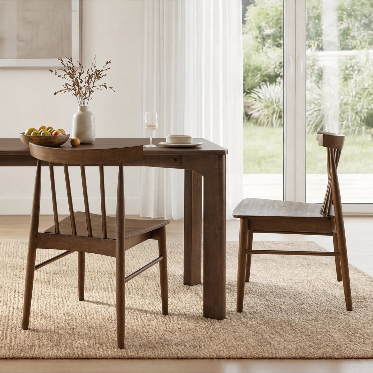 ReNest Windsor Dining Chairs Set of 2, Solid Wood Frame with Plywood Seat, Oak Veneer, Firm Spindle Back, Walnut