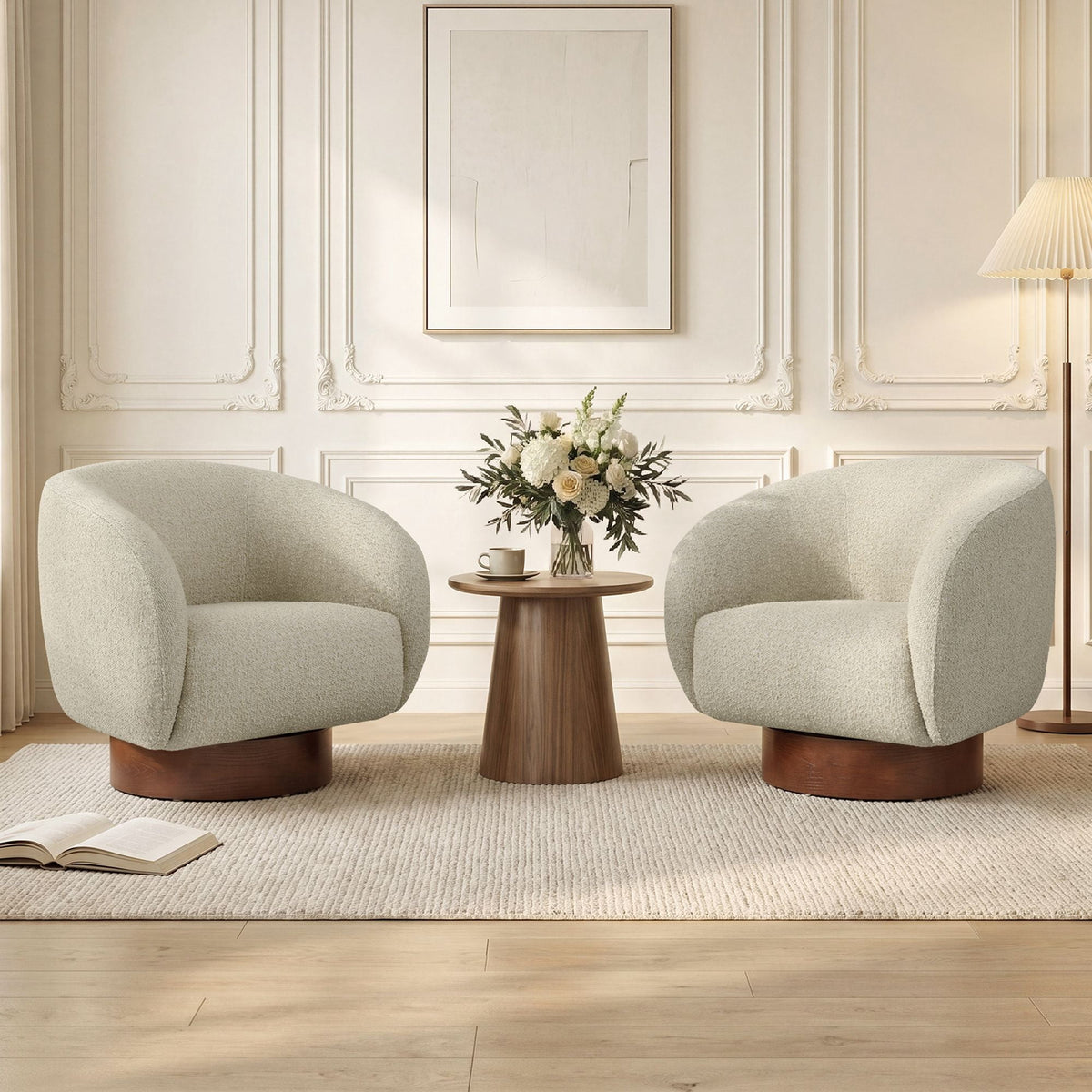 ReNest Mid-Century Modern Barrel Swivel Accent Chair with Wood Base, Boucle Fabric Upholstery, Oatmeal, Set of 2