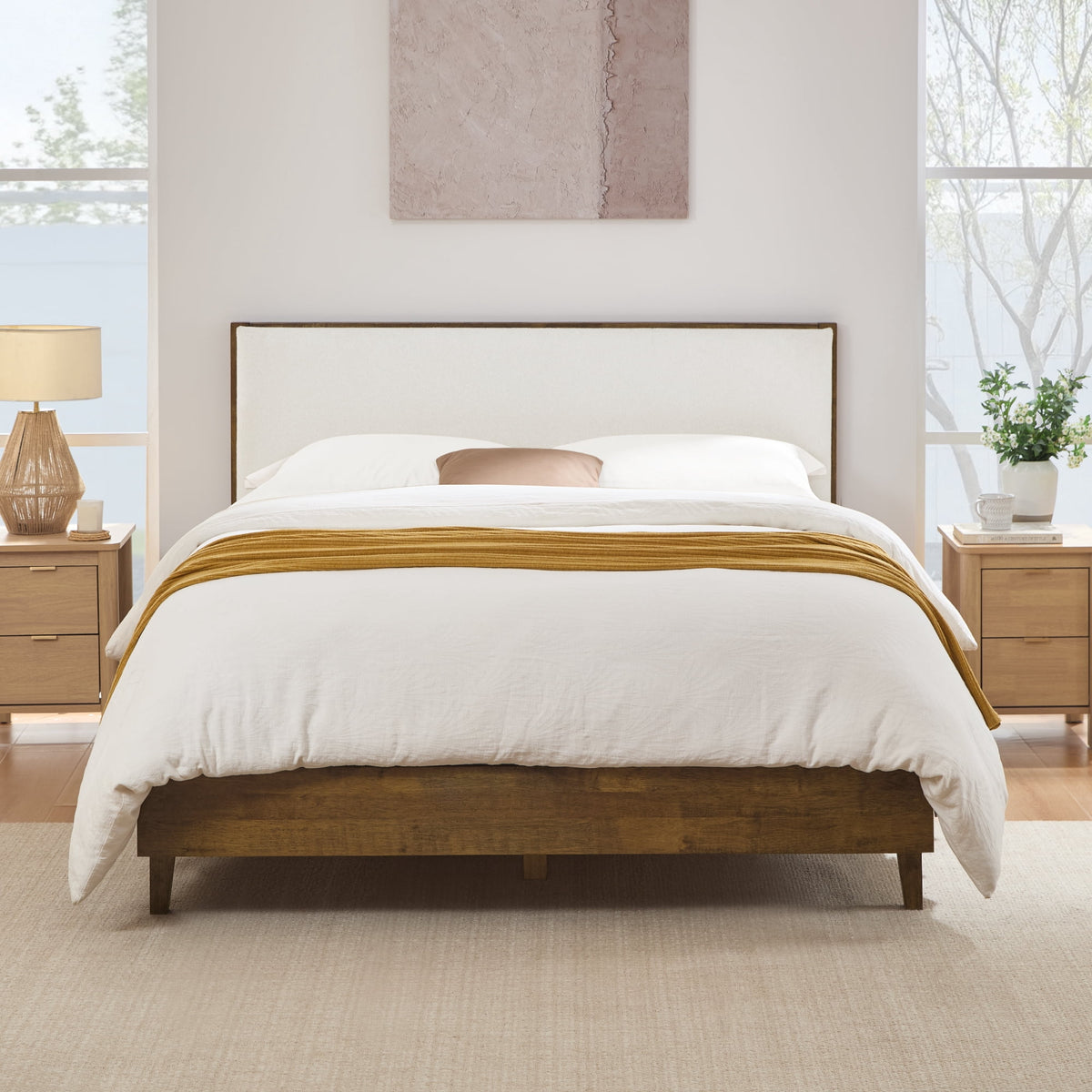 ReNest Full Size Upholstered Bed Frame, Modern Boucle Platform Bed with Headboard, No Box Spring Required, Cream & Walnut