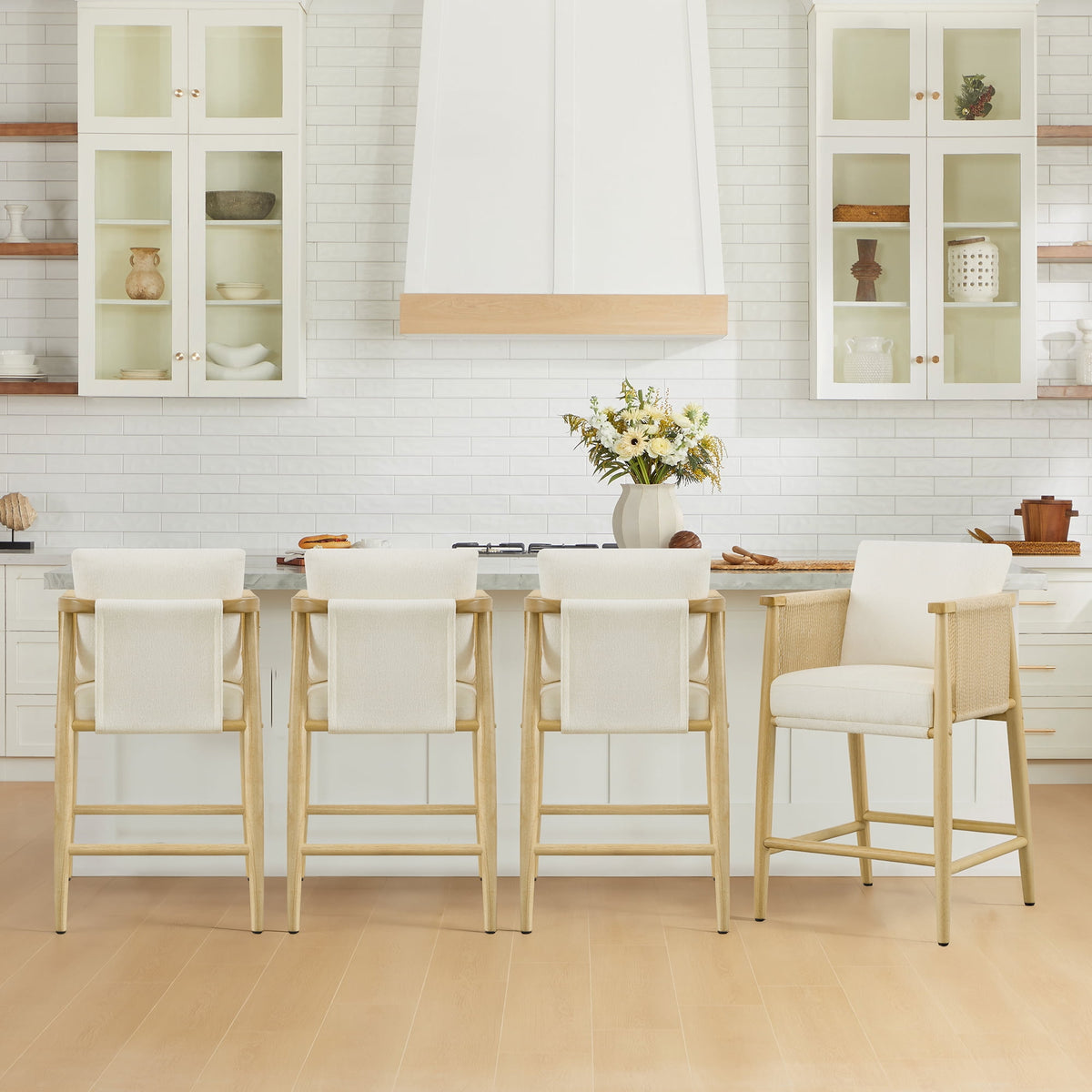 ReNest Modern Farmhouse 26" Counter Height Bar Stools, Upholstered Barstools with Backrest & Woven Paper Cord Arms for Kitchen Island, Cream, Set of 4