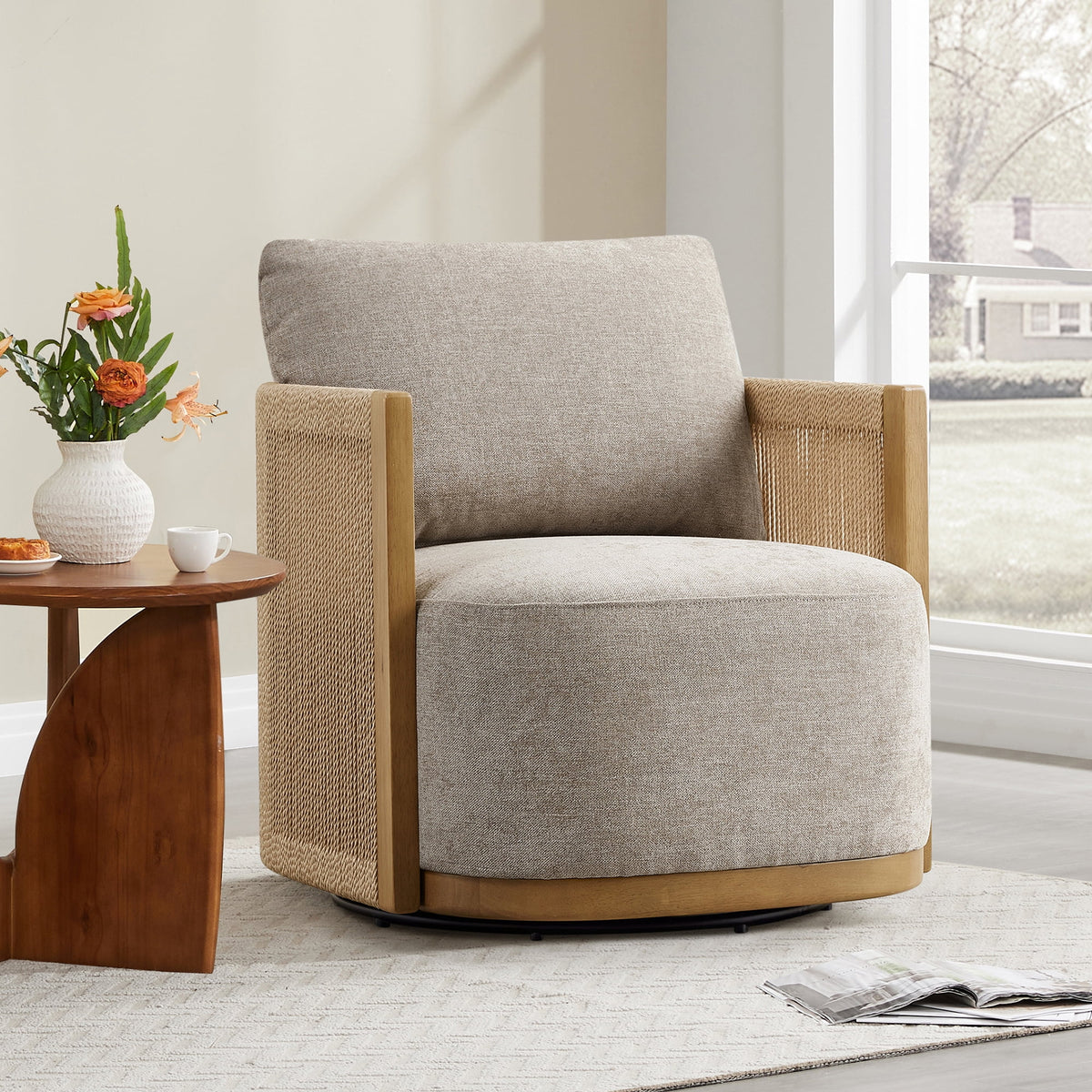 ReNest Mid-Century Modern Braid Swivel Accent Chair, Upholstered Armchair with Paper Cord, Mink Fabric, Single