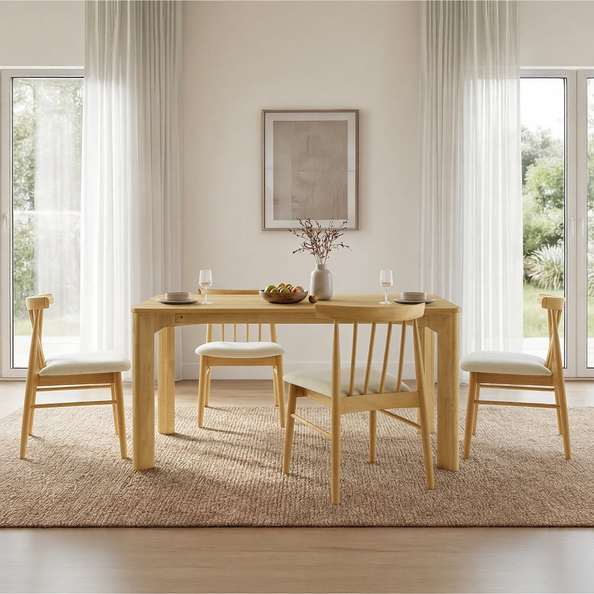 ReNest Windsor Dining Chairs Set of 4, Upholstered Spindle Back, Basketweave Fabric, Oak Wood Frame, Beige