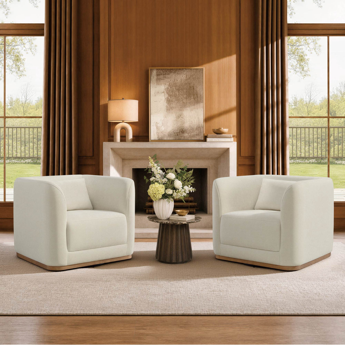 ReNest Mid-Century Modern Swivel Accent Chair, Barrel Armchair with Curved Arms, Removable Back Cushion, Living Room Chair, Cream Fabric
