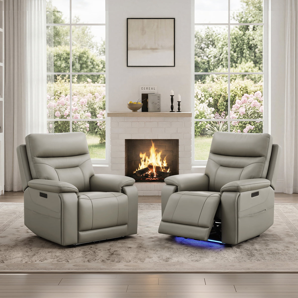 ReNest Power Recliner Chair, Electric Genuine Leather Recliner with Power Headrest, Dual Motor, Lay Flat, USB Type-C Charging, Cup Holders, Light Gray