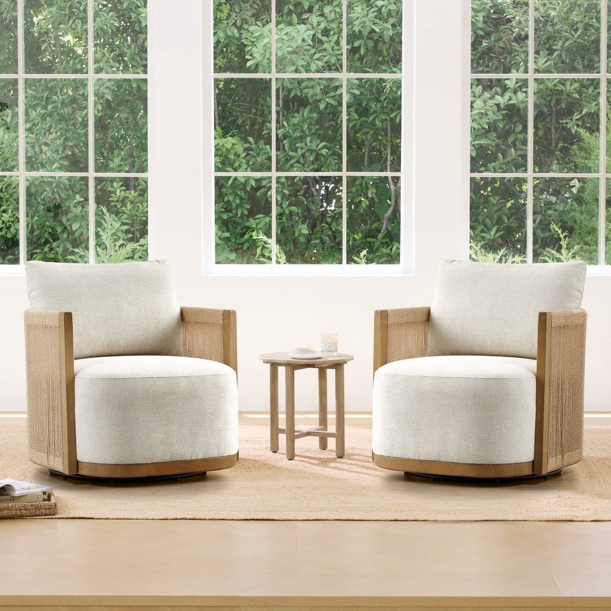 ReNest Mid-Century Modern Braid Swivel Accent Chair, Upholstered Armchair with Paper Cord, Linen Fabric, Set of 2