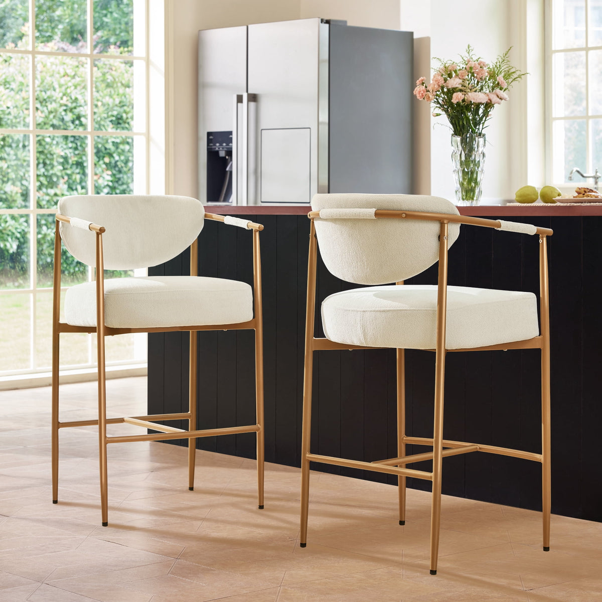 ReNest 27'' Bar Stools Set of 2, Upholstered Counter Stools with Back and Woven Arms, Gold Metal Frame, Modern Kitchen Island Seating, Fabric in Ivory