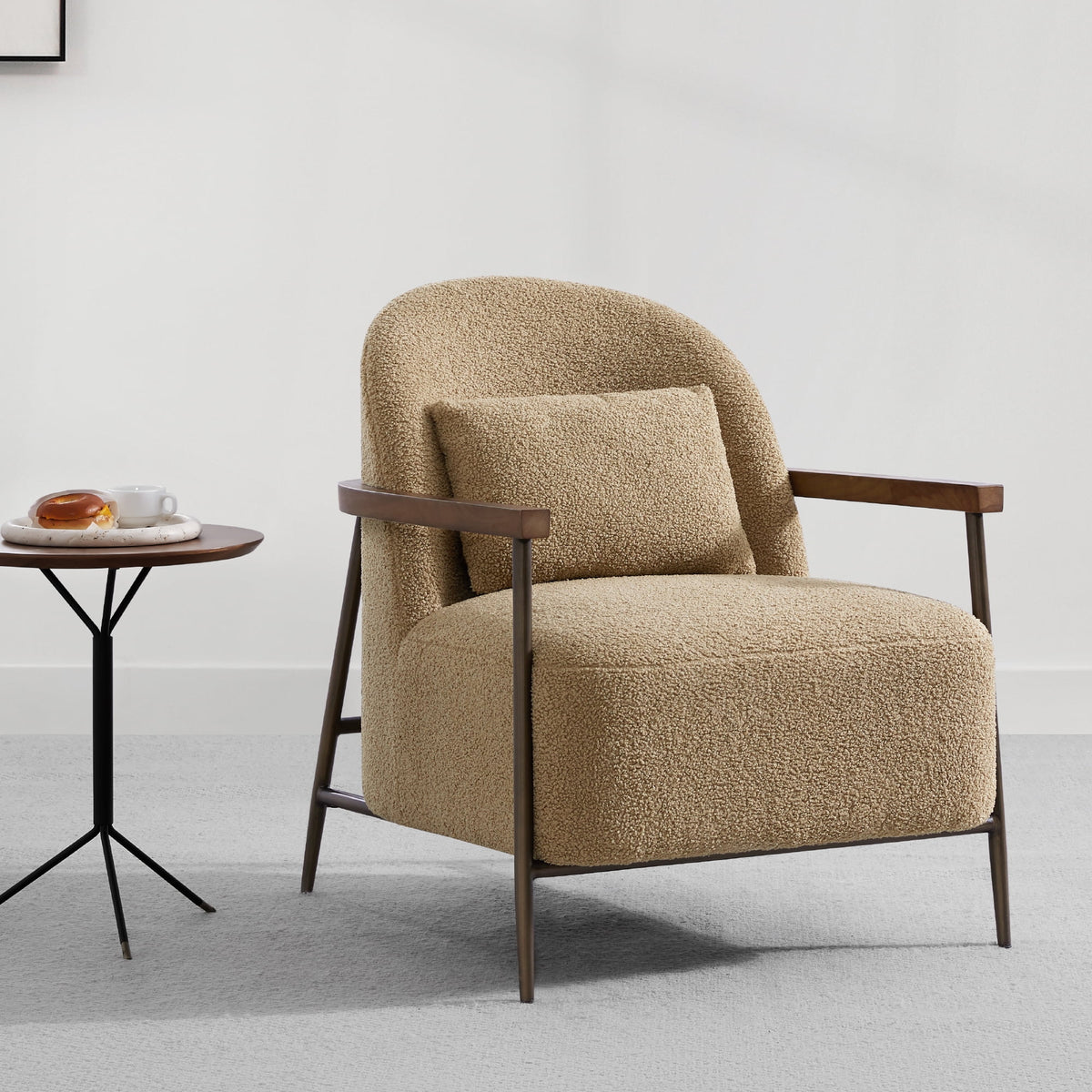 CHITA Modern Upholstered Accent Chair with Solid Wood Arms, Removable Lumbar Pillow and Metal Frame for Living Room, Bedroom & Reading Nook, Camel & Walnut, Single