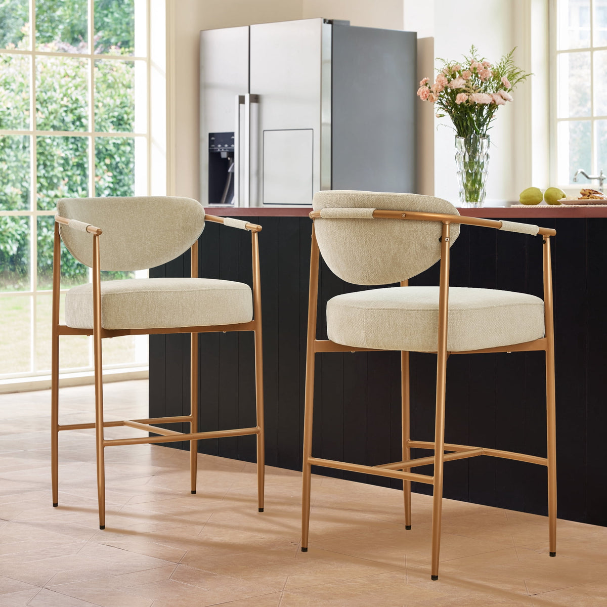 ReNest 27'' Bar Stools Set of 2, Upholstered Counter Stools with Back and Woven Arms, Gold Metal Frame, Modern Kitchen Island Seating, Fabric in Oatmeal
