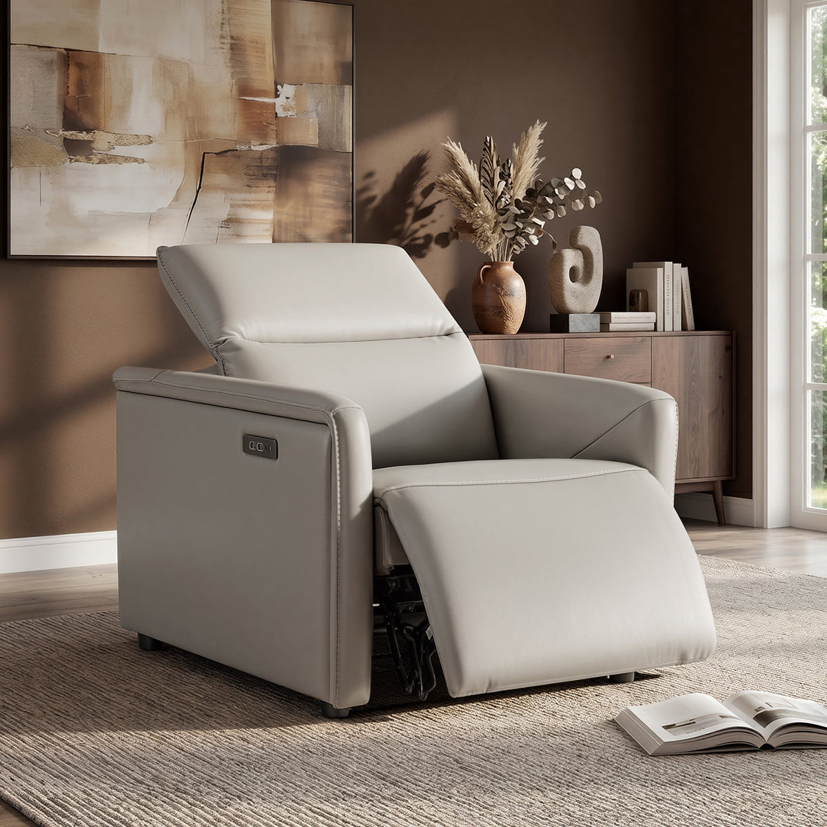 ReNest Top-Grain Leather Power Recliner, Dual Motor, Power Headrest, USB & Type-C Charging, Zero Wall, Light Gray, Single