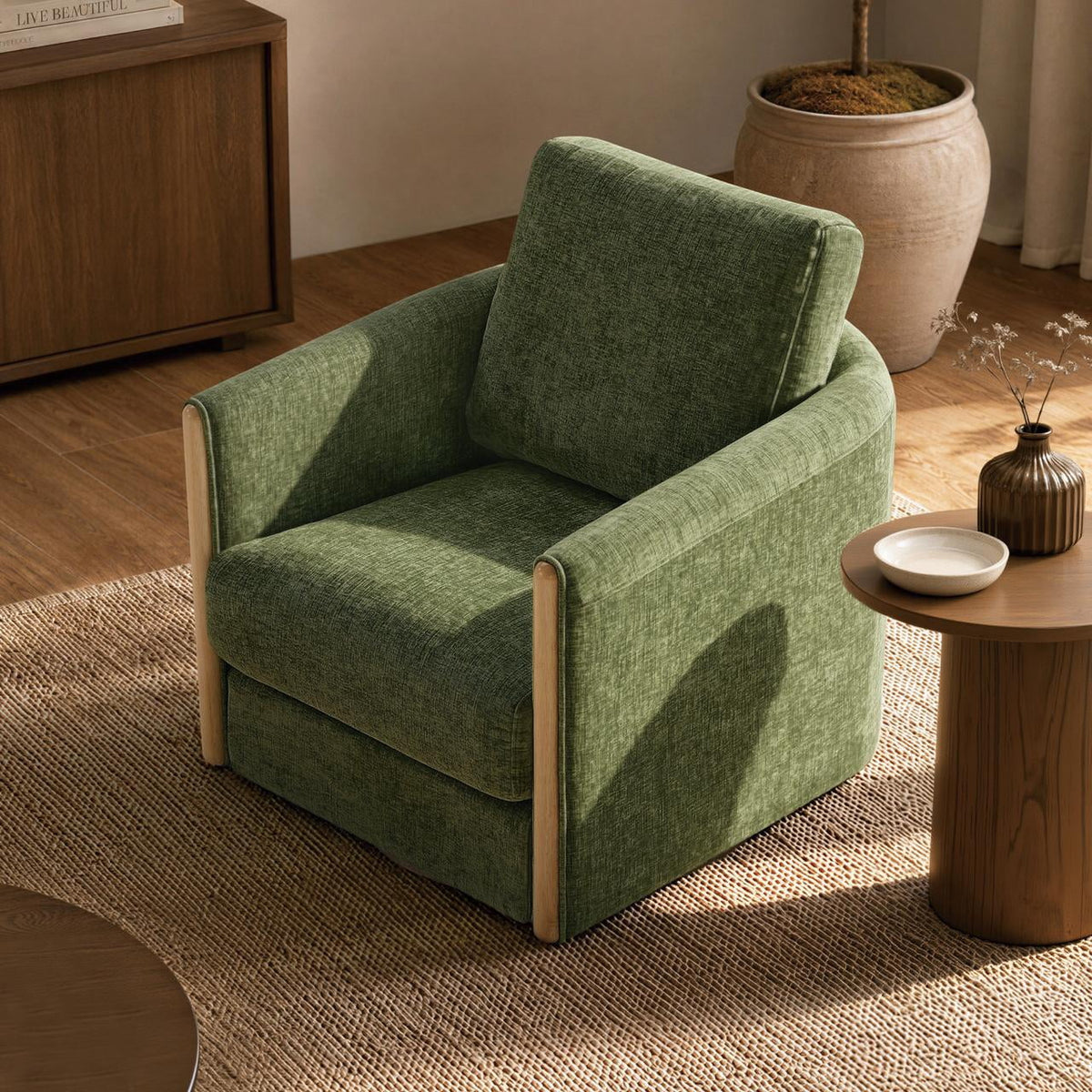 ReNest Modern Swivel Accent Chair, Upholstered Barrel Armchair with Wooden Armrests, Removable Cushions, Living Room & Bedroom Chair, Moss Green Fabric, Single