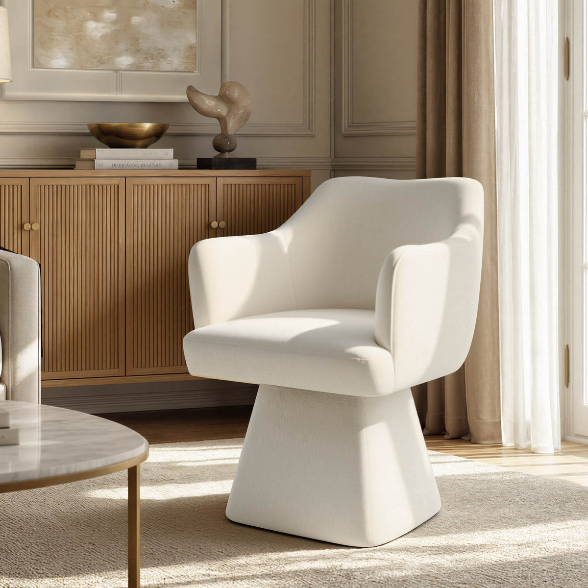 ReNest Swivel Dining Chair with Arms, Curved Backrest, Upholstered Chenille, Cream, Single