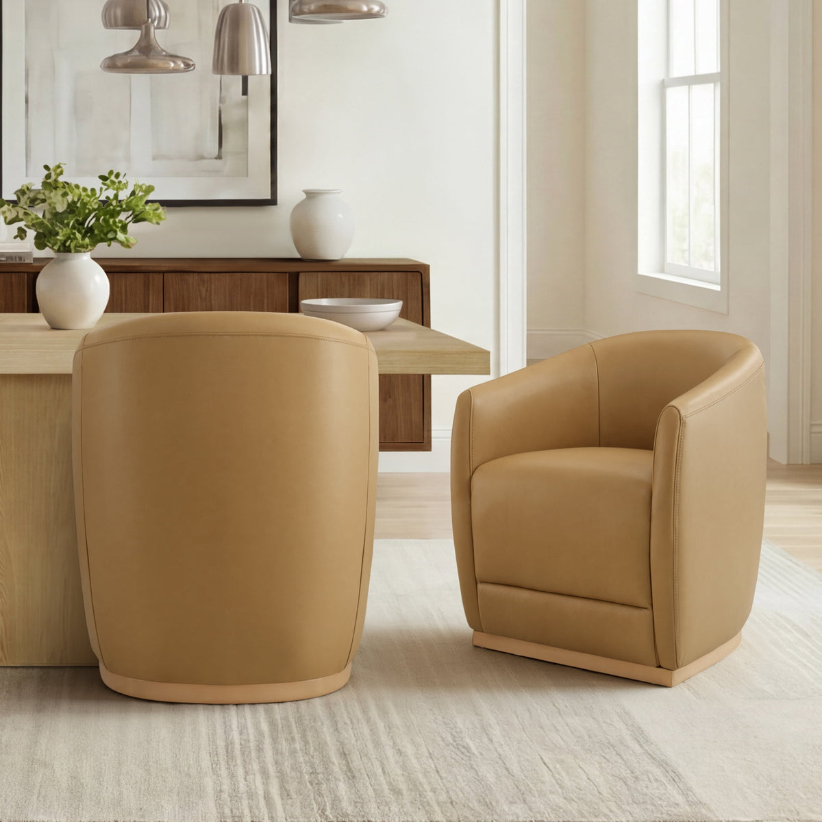 ReNest Genuine Leather Rolling Dining Chairs Set of 2 with Arms, Upholstered Barrel Back, 360¡ã Casters, Sand
