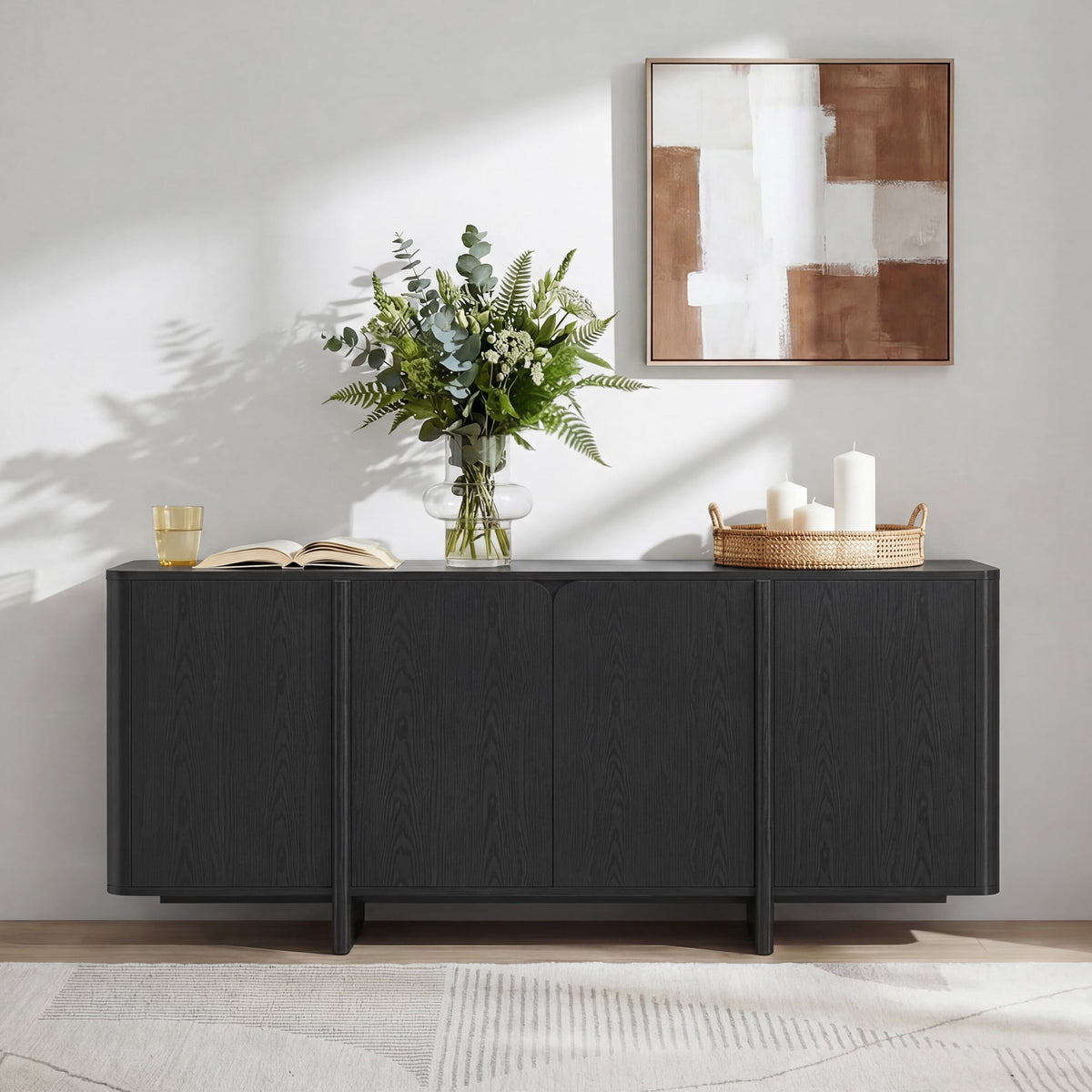 ReNest 66" Buffet Cabinet, Curved Storage Sideboard with 4 Doors, Adjustable Shelves & Cable Management, Black