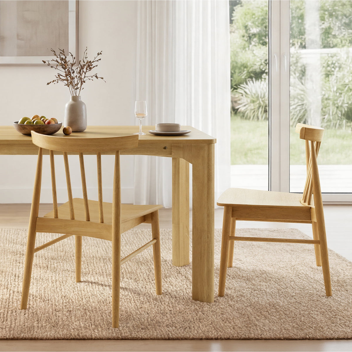 ReNest Windsor Dining Chairs Set of 2, Solid Wood Frame with Plywood Seat, Oak Veneer, Firm Spindle Back, Oak