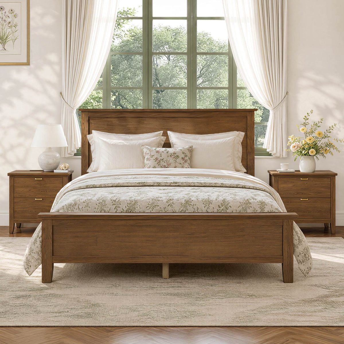 ReNest Modern Farmhouse Bedroom Furniture Set, Queen Size Platform Bed with 2 Nightstands, Walnut